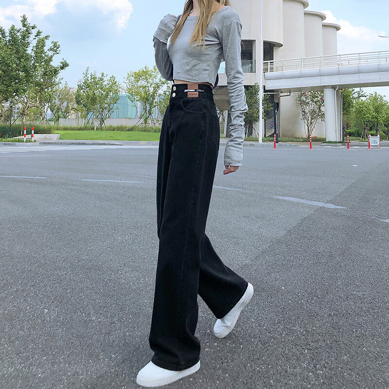 名格雅顿双扣高腰直筒牛仔裤女春秋季小个子宽松显瘦阔腿拖地裤 黑色 M 【95-110斤】