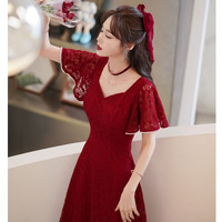 兰卡·罗妮兰卡罗妮敬酒服新娘平时可穿结婚订婚连衣裙回门小晚礼服蕾丝 酒红色中长款 L