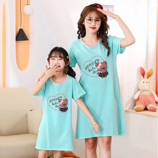 歌旗女童睡衣夏季短袖薄款儿童睡裙女孩纯棉公主裙母女亲子家居服 爱心熊（纯棉） 130