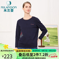 米兰登（MILANDON）2024春装中老年女装装圆领绣花长袖针织t恤衫女WP1T1109 藏兰 XL