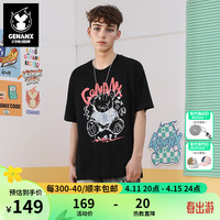闪电潮牌(GENANX)2024夏季熊图印花宽松落肩袖纯棉圆领T恤短袖 黑色 M