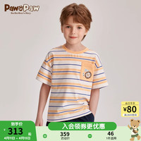 PawinPaw卡通小熊童装2024年夏季男童撞色条纹短袖T恤时尚 Orange橘黄色/80 110