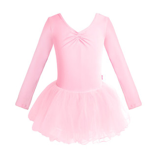 艾舞戈儿童舞蹈服女童芭蕾舞练功裙跳舞软纱裙蓬蓬裙幼儿中国舞连体服 粉色-短袖 110码 身高101-105cm重25-30斤