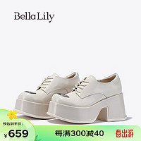 Bella Lily2024春季复古牛皮增高鞋女粗跟休闲鞋欧美高跟鞋子 米白 38