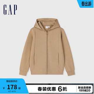 Gap 盖璞 男童春季2024简约纯色Scuba卫衣儿童装帅气连帽外套891700 卡其色 110cm(XXS)亚洲尺码