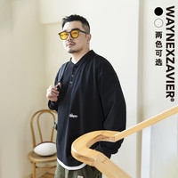 韦恩泽维尔 WAYNEXZAVIER大码华夫格长袖T恤男宽松加肥加大美式学院渔夫领8463 黑色 2XL（160-210斤）