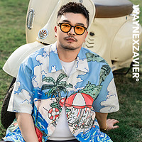 韦恩泽维尔 WAYNEXZAVIER海边度假风大码花衬衫男宽松夏季宽松古巴领衬衣8296 蓝色 2XL（160-210斤）