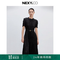 奈蔻夏季通勤立体压褶收腰中长款短袖连衣裙 黑色 S