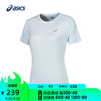 亚瑟士ASICS运动T恤女子舒适透气上衣反光夜跑短袖 2012C833-001 浅蓝色 M