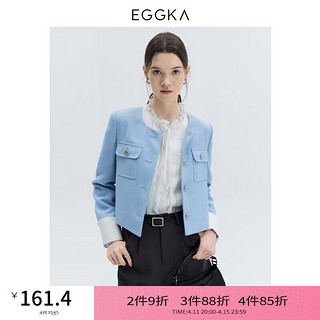 EGGKA 圆领小香风外套女春秋时髦流行简约百搭正肩单排扣上衣 蓝色 M