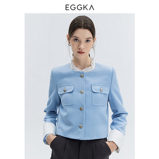 EGGKA 圆领小香风外套女春秋时髦流行简约百搭正肩单排扣上衣 蓝色 M