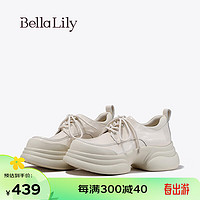 Bella Lily2024春季显瘦气质小皮鞋女增高牛皮单鞋潮流松糕鞋 米白 35