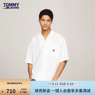 TOMMY JEANS 24春季男装纯棉撞色签字体刺绣复古合身短袖衬衫19139 白色YBR L