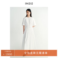 INSISFEMME北欧夏季圆领拉链短袖连衣裙褶皱收腰伞摆长裙女 格陵兰白 S