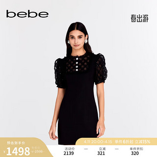 bebe2024春夏女士气质蕾丝肌理感泡泡短袖连衣裙150003 黑色 L