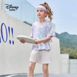 Disney 迪士尼 童装儿童女童速干短袖套装T恤运动中裤两件套24夏DB321UE28蓝140 梦幻蓝紫晕染（女）