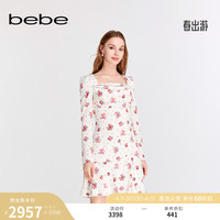 bebe2024春夏女士桑蚕丝碎花短款长袖连衣裙150022 白花 XS