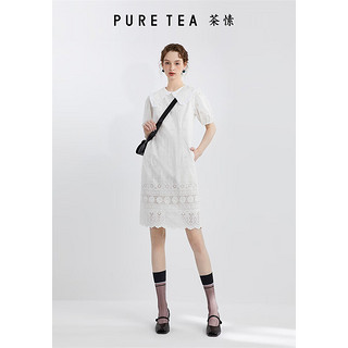 茶·愫（PURE TEA）绣花泡泡袖荷叶边翻领连衣裙puretea茶愫女镂空短裙2024年夏 暮白 S