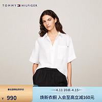 TOMMY HILFIGER24春季女装亚麻透气小绣标贴袋宽松落肩短袖衬衫41392 白色YCF 32 （XS）