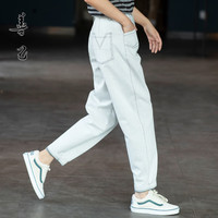 善己宽松浅色直筒牛仔裤女2024春季水洗休闲裤小脚哈伦牛仔裤 月光灰 S【到5月4日发】