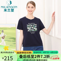 米兰登(MILANDON)2024年夏季中老年女装装圆领印花针织短袖t恤女DP2T1110 藏兰 M
