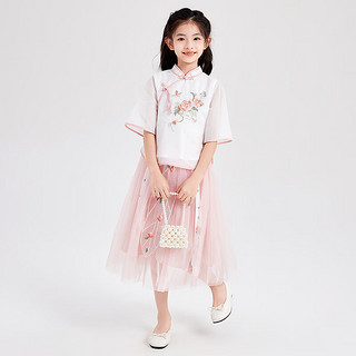 Deesha 笛莎 童装女童优雅气质套装24夏儿童苏博联名新中式牡丹花刺绣套装 柔粉色 130