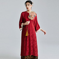 陌遇2024年春夏中国风复古提花缎气质晨袍新中式红色连衣裙 红色 S