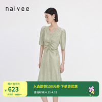 纳薇(naivee)naivee纳薇24夏新中式大理石岩纹提花抽褶收腰泡泡袖连衣裙 蜜瓜绿 预计4月3日前发货 165/88A/L