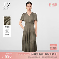 玖姿·安娜蔻流光海岛丝优雅复古松紧收腰垂坠连衣裙女2024夏季 军绿 XS