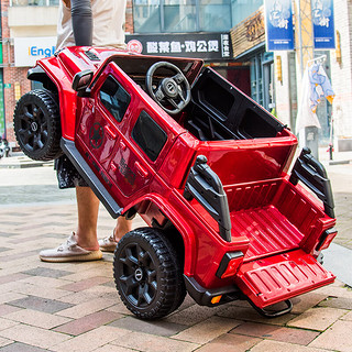 JHBEE儿童电动车可坐双人四轮遥控汽车男女婴宝宝四驱越野车皮卡玩具车 红色-四驱+硬座+12v7铅酸电瓶