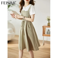 FEISIMI轻奢品牌2024夏季连衣裙女士衣服女装夏天气质女神范裙子 卡其色 L(106-115)