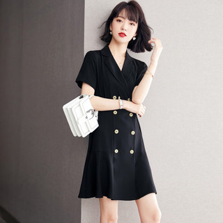 FEISIMI2024夏季连衣裙女士衣服女装夏天气质女神范法式西装裙子 黑色 L