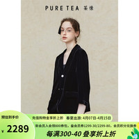 茶·愫【中式通勤】puretea茶愫黑色丝绒西装短外套女七分袖2024夏 石墨黑 M