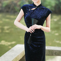 俏娘鱼复古民国风宝蓝丝绒无袖旗袍2024年春季气质优雅老上海贵气 宝蓝(裙长121左右) L