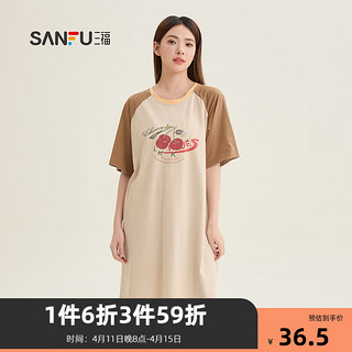 SANFU 三福 2024夏季抗菌睡裙女可爱印花宽松短袖睡衣裙子棉质家居服 樱桃咖 均码