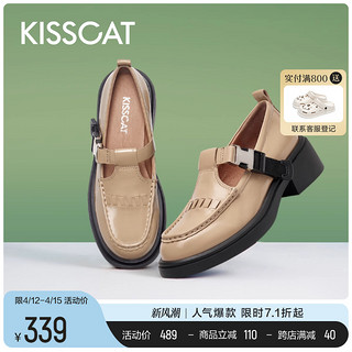 KISSCAT 接吻猫 鞋子秋季新款JK小众设计小皮鞋舒适粗跟闪电玛丽珍乐福鞋女