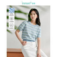茵曼（INMAN）索罗纳凉感条纹气质针织衫2024春夏季女装小个子轻薄短袖上衣 蓝色 L