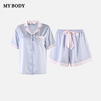 mybody睡衣女春夏短袖翻领冰丝凉感可爱印花家居服套装 奶蓝小熊 M