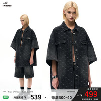 IMXS提花做旧牛仔衬衫男女装2024夏季复古宽松口袋装饰上衣潮 做旧黑色衬衫 S