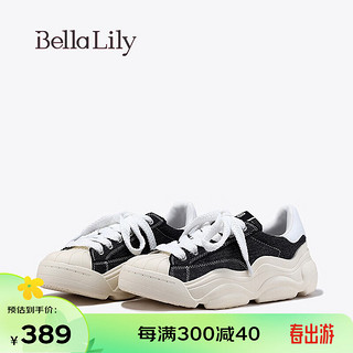 Bella Lily2024春季增高减龄帆布鞋女贝壳头板鞋舒适运动鞋 黑色 35