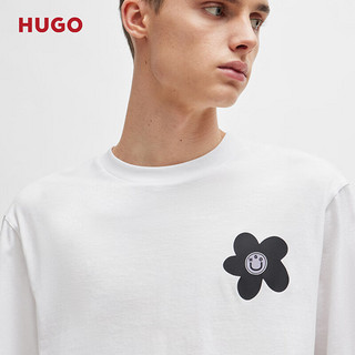 HUGO男士2024夏季徽标艺术图案装饰棉质平纹针织 T 恤 100-白色 EU:L
