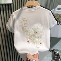 得芊逸欧货潮牌国潮重工麒麟刺绣高级感轻奢男T恤短袖半袖体恤 白色 L(100-115斤内)