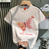 得芊逸欧洲站时尚潮牌蝴蝶刺绣轻奢男T恤短袖青年宽松休闲百搭半袖体恤 白色 2XL(130-145斤内)
