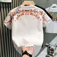 得芊逸欧洲站时尚潮牌梅花刺绣轻奢男T恤短袖青年宽松休闲百搭半袖体恤 白色 M(85-100斤内)