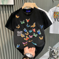 得芊逸欧洲站小众轻奢男T恤短袖蝴蝶刺绣时尚百搭潮牌半袖男体恤土 黑色 XL(115-130斤内)