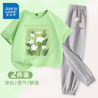 真维斯童装 JEANSWEST JNR女童夏装套装2024中大童夏季纯棉短袖t恤女孩休闲透气防蚊裤 苹果绿/草中花-灰/J搬花兔K 120cm