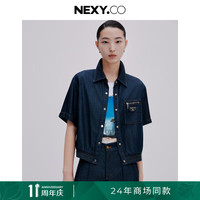 奈蔻夏季经典减龄短袖POLO领莱赛尔牛仔外套女 暗群青色 S