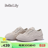 Bella Lily2024春季羊皮褶皱休闲鞋女增高流行苦瓜鞋透气潮鞋 米白 35