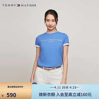 TOMMY HILFIGER24春夏女纯棉休闲字母印花合身打底针织短袖上衣40276 天蓝色C30 L （：120-130斤）