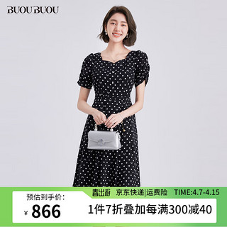 BUOUBUOU连衣裙女2024春夏法式复古波点袖口抽褶高腰显瘦A字 黑色B88 XXL